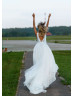 V Neck White Tulle Open Back Flowing Wedding Dress
